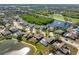 Aerial view of a residential neighborhood showcasing a home with a private pool and scenic community lakes at 209 111Th E St, Bradenton, FL 34212