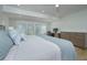 Comfortable bedroom with white shutters, ceiling fan and light blue accents at 231 Hourglass Way # V5, Sarasota, FL 34242
