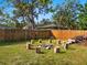 Cozy backyard firepit with wood seating and a wood fence, perfect for outdoor entertaining at 2376 Novus St, Sarasota, FL 34237