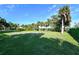 Expansive lawn filled with pretty wildflowers with palm trees and lake, creating a serene backdrop at 2812 Casey Key Rd, Nokomis, FL 34275