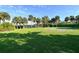 Lush green lawn lined with palm trees under a partly cloudy sky, enclosed by a green fence at 2812 Casey Key Rd, Nokomis, FL 34275