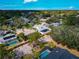 Overhead shot showcasing a neighborhood with screened pools, mature trees, and houses near a lake under a partly cloudy sky at 6145 Bonaventure Ct, Sarasota, FL 34243