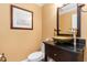 Bathroom with a vessel sink on a black vanity, a framed mirror, and warm paint at 3970 Country View Dr, Sarasota, FL 34233