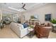 Open-concept living room with a comfortable sofa, hardwood floors, and an elegant ceiling fan at 4670 Antrim Dr, Sarasota, FL 34240
