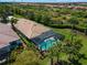 Aerial shot of the backyard with a screened-in pool, lush lawn, and tropical landscaping at 13948 Miranese St, Venice, FL 34293