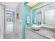 Bathroom with vanity, granite countertop, and pool view at 279 Mariner Ln, Rotonda West, FL 33947