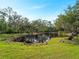 Picturesque pond surrounded by mature trees and a lush green lawn, creating a peaceful and private outdoor setting at 700 N River Rd, Venice, FL 34293