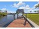 Covered waterfront dock with seating, offering shade and relaxation at 18138 Eau Gallie Cir, Port Charlotte, FL 33948