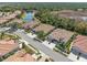 An aerial view of a residential street with beautiful homes, lush landscaping, and a serene lake in the background at 2860 Arugula Dr, North Port, FL 34289