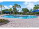 Beautiful community pool with brick patio, lounge chairs and palm trees on a sunny day at 2860 Arugula Dr, North Port, FL 34289