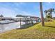 Waterfront dock with a boat lift, surrounded by lush greenery and calm waters at 5194 Fleming St, Port Charlotte, FL 33981