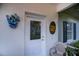 White front door with decorative glass, a floral decoration, and charming duck ornament at 1407 Red Oak Ln, Port Charlotte, FL 33948