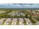 Aerial view of homes with water views in a tropical community with mature palm trees at 1706 Fountain View Cir, Venice, FL 34292