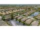 Aerial view of residential neighborhood with pond, fountains, and mature landscaping at 1706 Fountain View Cir, Venice, FL 34292