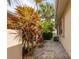 Well-maintained side yard with tropical plants and hardscaped walkway at 1706 Fountain View Cir, Venice, FL 34292