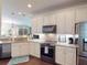 Modern kitchen with stainless steel appliances, granite countertops, and bright white cabinets at 2555 Thyme Way, North Port, FL 34289