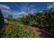 Lush tropical plants and blooming hibiscus enhance the backyard's privacy and beauty along the fence line at 1212 Yachtsman Ln, Punta Gorda, FL 33983