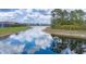 Aerial view of a tranquil pond reflecting the sky, bordered by lush greenery and houses at 1578 Scarlett Ave, North Port, FL 34289