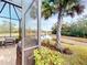 View of the home's backyard with a pond view, palm tree, and a screened lanai at 2478 Brassica Dr, North Port, FL 34289