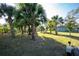 Expansive backyard features numerous palm trees and green spaces within a secure fenced perimeter at 27385 Neaptide Dr, Punta Gorda, FL 33983