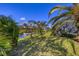 Lush backyard showcasing mature trees, a tranquil pond, and a screened pool enclosure at 4 Saint Martin Cir, Englewood, FL 34223