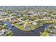 Stunning aerial view of a waterfront home with a pool and dock, nestled within a community with scenic canals at 9428 Bandera Ln, Port Charlotte, FL 33981