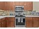 Close up of kitchen with stainless steel appliances, modern range and mosaic backsplash at 24036 Buckingham Way, Port Charlotte, FL 33980