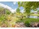 Landscaped backyard with pond view and lush greenery at 145 Bunker Rd, Rotonda West, FL 33947