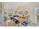 Dining area with a rustic wooden table, blue chairs, and an open floor plan at 10451 Sherman St, Englewood, FL 34224