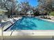 Outdoor swimming pool featuring clear blue water, surrounded by lounge chairs and lush mature trees at 232 Southampton Ln # 259, Venice, FL 34293