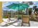 Spacious screened patio with lounge chairs and umbrella, overlooking the garden at 523 Fallbrook Dr, Venice, FL 34292