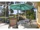 Tranquil screened patio featuring lounge chairs and umbrella, perfect for relaxation at 523 Fallbrook Dr, Venice, FL 34292