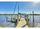 Waterfront dock on a sunny day featuring a boat and wooden pylons at 18502 Arapahoe Cir, Port Charlotte, FL 33948