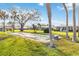 Serene view of the well-maintained community bocce ball court with ample green space and mature palm trees at 3220 Southfield Ln # 810, Sarasota, FL 34239