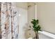 Bathroom features a shower with a marble-patterned curtain and a green leafy potted plant beside the toilet at 11143 Rising Mist Blvd, Riverview, FL 33578