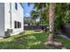 Landscaped backyard with grassy lawn, palm tree, and wood accents at 3110 W Napoleon Ave, Tampa, FL 33611