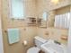 Small bathroom with patterned wallpaper, a white toilet and sink, and a mirrored cabinet at 2167 Timber Ln, Clearwater, FL 33763