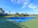 Outdoor tennis court with blue and green surface, surrounded by lush landscaping at 824 Blue Crane Dr, Venice, FL 34285