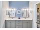 Double vanity bathroom with modern fixtures and gray cabinets at 2232 Lynx Run, North Port, FL 34286