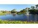 Serene lake with fountain and wooden footbridge at 589 Pond Willow Ln, Venice, FL 34292