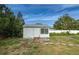 Quaint outbuilding featuring white siding, a gray shingle roof, a garden window, and a grassy yard at 215 Portia N St, Nokomis, FL 34275