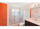 Bathroom with shower/tub combo and dark vanity at 872 Mohawk Rd, Venice, FL 34293