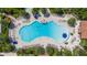 Aerial view of a sparkling pool surrounded by lounge chairs and lush greenery, creating a serene oasis at 12837 Oriago St, Venice, FL 34293