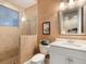 Small bathroom with a walk-in shower and a pedestal sink at 1720 Grande Park Dr, Englewood, FL 34223