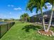 Spacious backyard with pool, palm trees, and lake view at 5930 Anise Dr, Sarasota, FL 34238