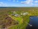 Magnificent aerial capture showcasing several riverfront homes with private docks and lush foliage at 38 Riverfront Dr, Venice, FL 34293