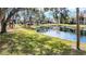 Serene pond-side view with lush landscaping and tree-lined surroundings at 654 Bird Bay E Dr # 206, Venice, FL 34285