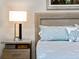Nightstand with lamp and clock, next to a bed with blue bedding at 12950 Basilica Dr, Venice, FL 34293