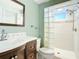 Bathroom with glass block shower and vanity at 18 Oakwood N Dr # 18, Englewood, FL 34223