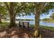 Park bench by a lake under large trees at 826 Bayport Cir, Venice, FL 34292